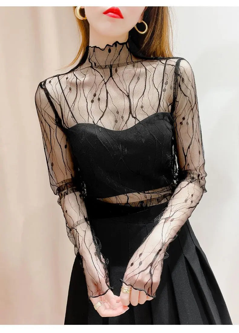 Sexy Sheer Lace Mesh Turtleneck Top