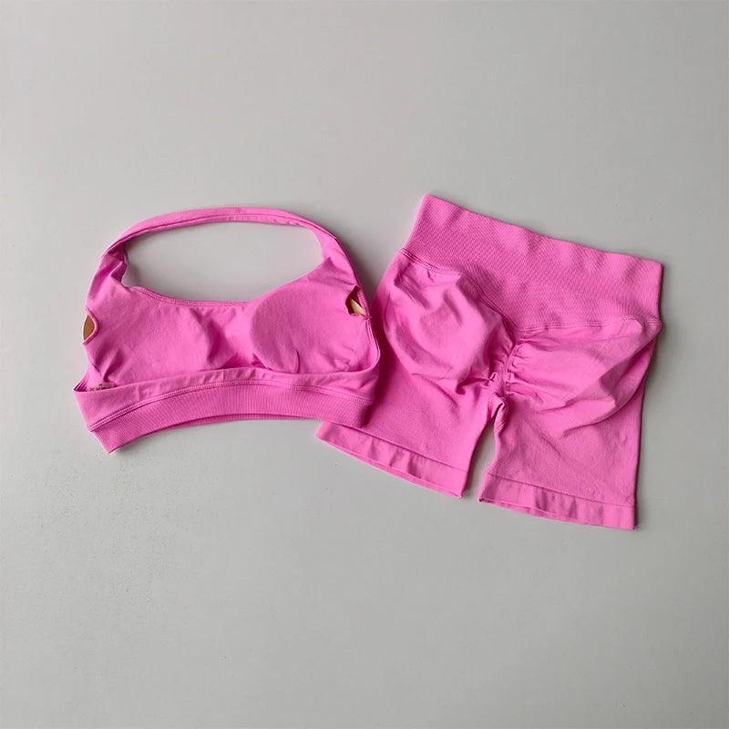 Halter Neck Peach Sports Bra & Shorts Set