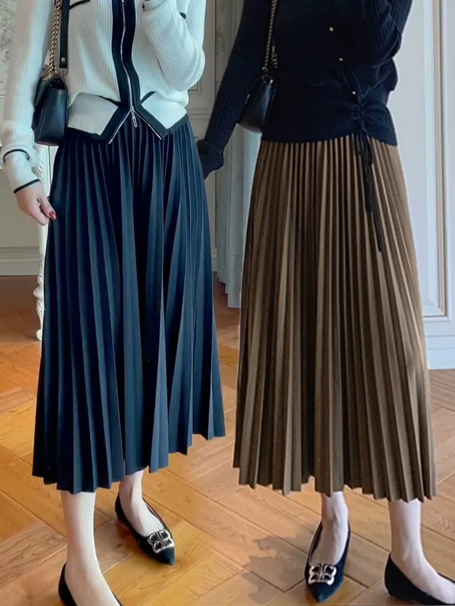 Elegant High Waist Pleated Midi Skirt