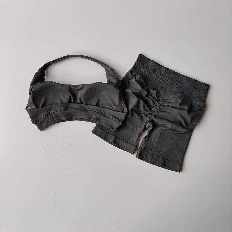 Halter Neck Peach Sports Bra & Shorts Set