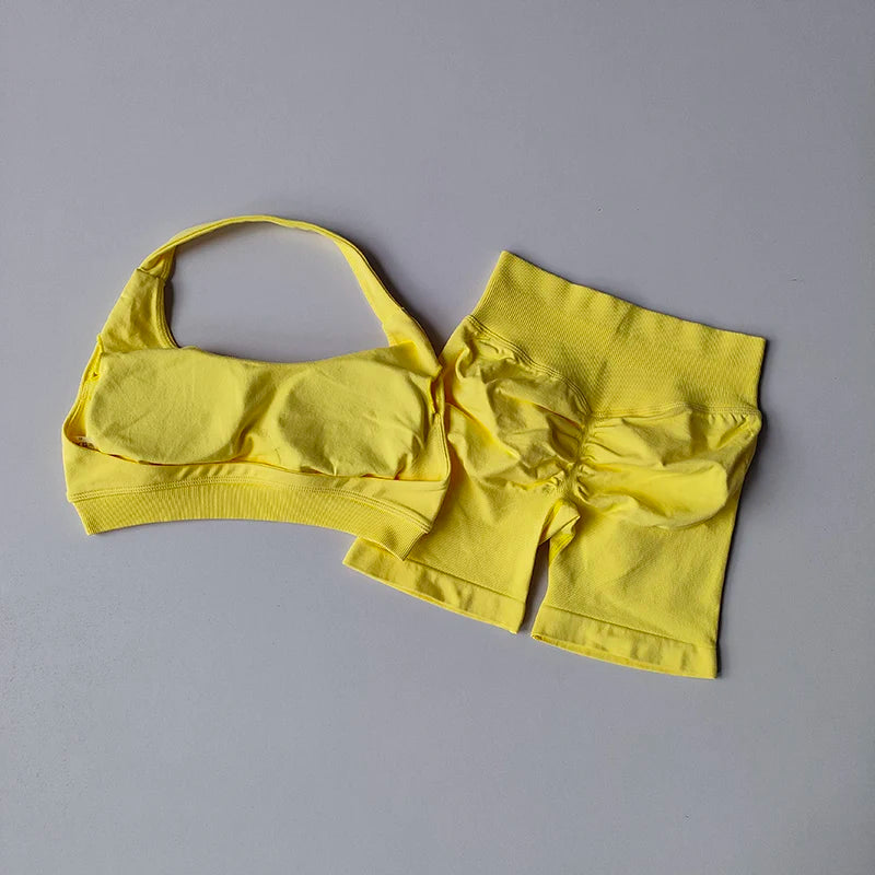 Halter Neck Peach Sports Bra & Shorts Set