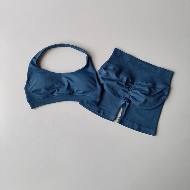 Halter Neck Peach Sports Bra & Shorts Set