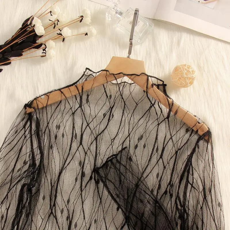 Sexy Sheer Lace Mesh Turtleneck Top