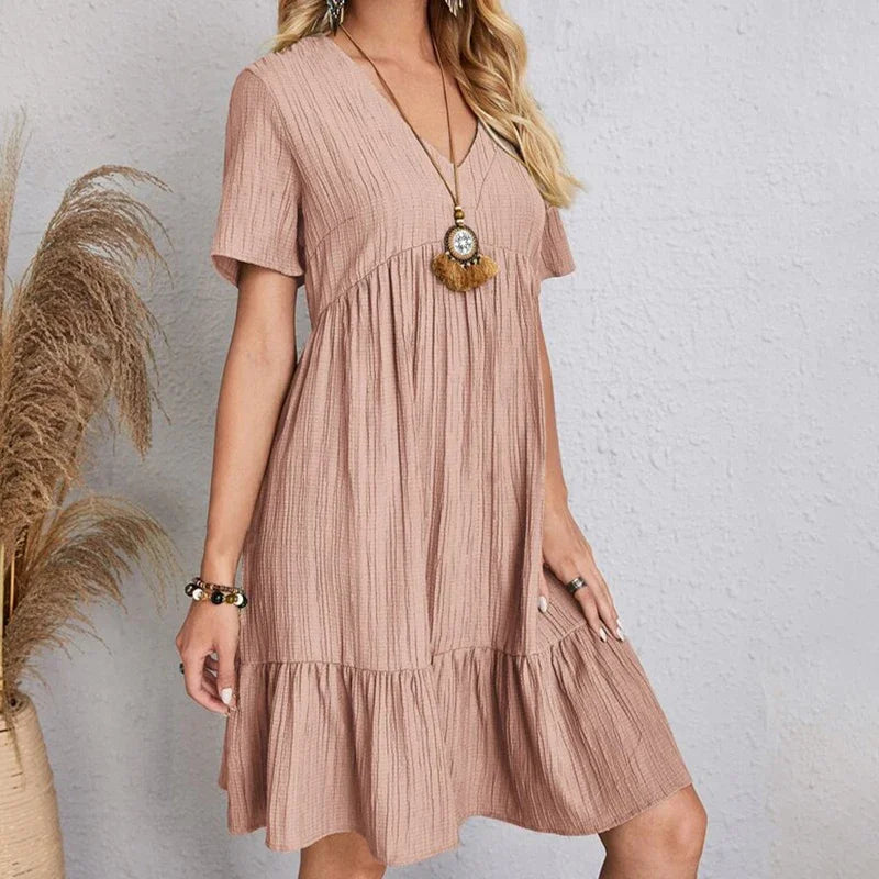 V-Neck Pleated A-Line Beach Dress