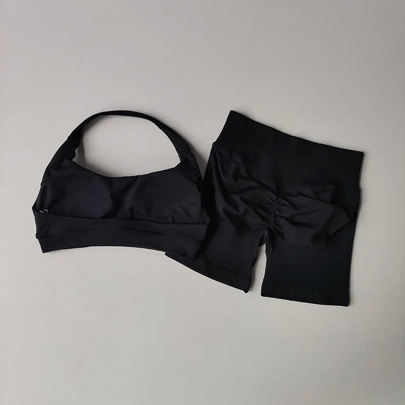 Halter Neck Peach Sports Bra & Shorts Set