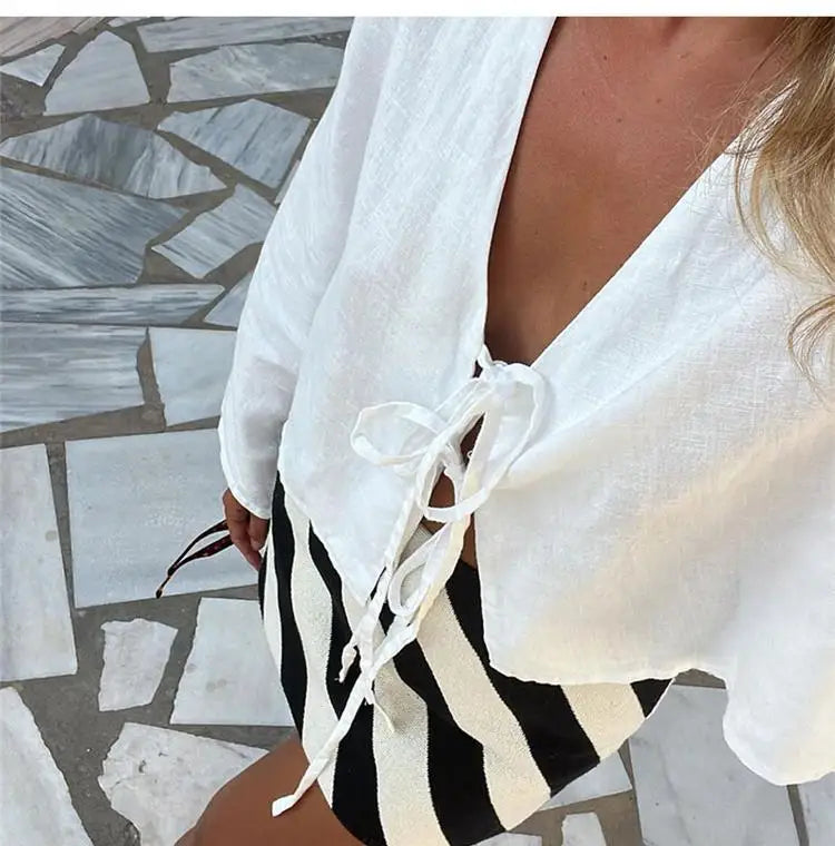 Linen Lace-Up V-Neck Shirt