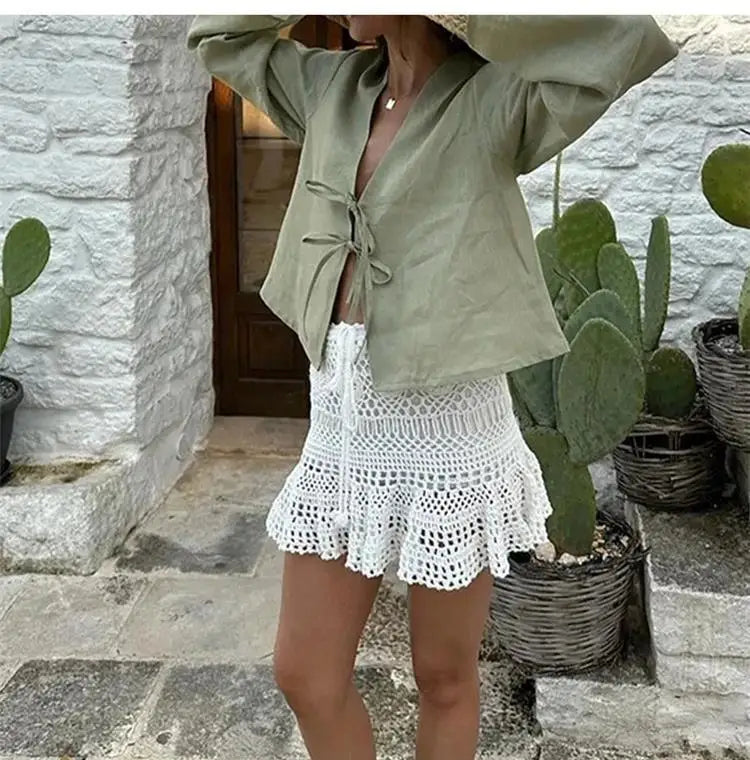 Linen Lace-Up V-Neck Shirt