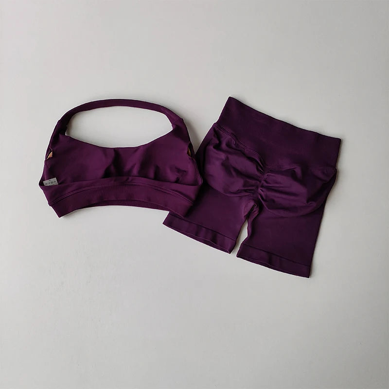 Halter Neck Peach Sports Bra & Shorts Set