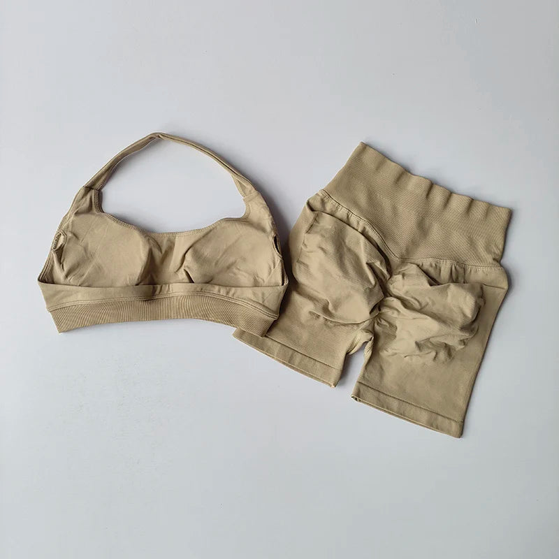 Halter Neck Peach Sports Bra & Shorts Set