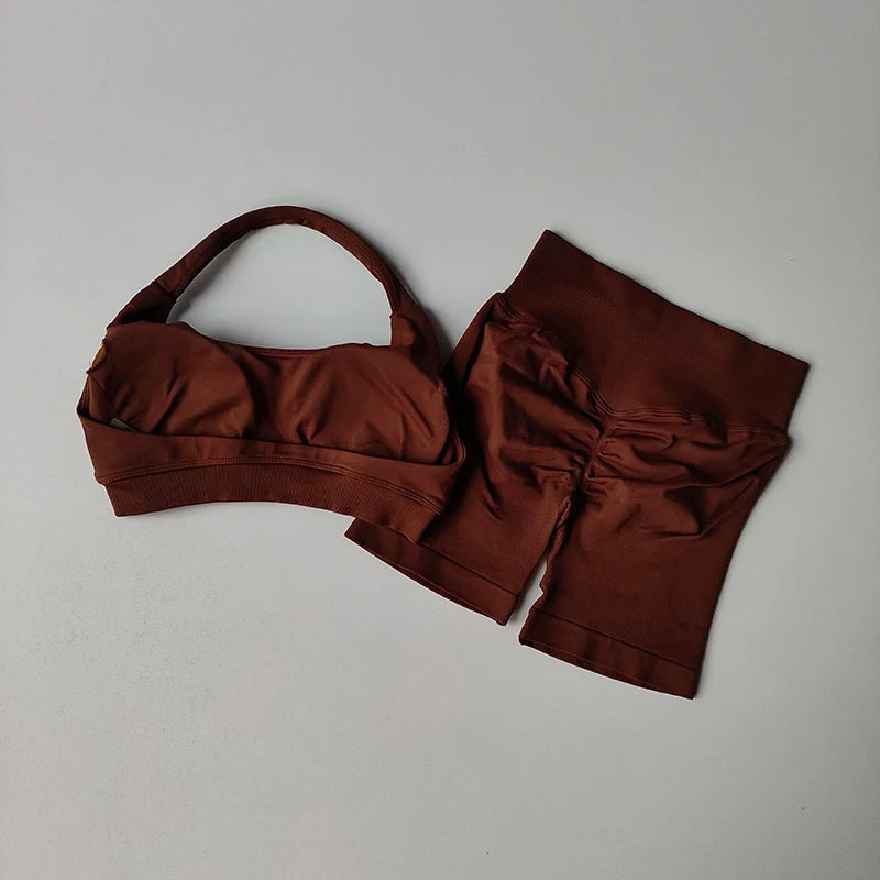 Halter Neck Peach Sports Bra & Shorts Set