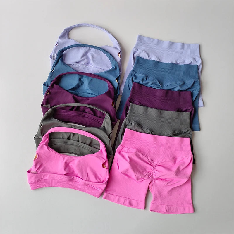 Halter Neck Peach Sports Bra & Shorts Set