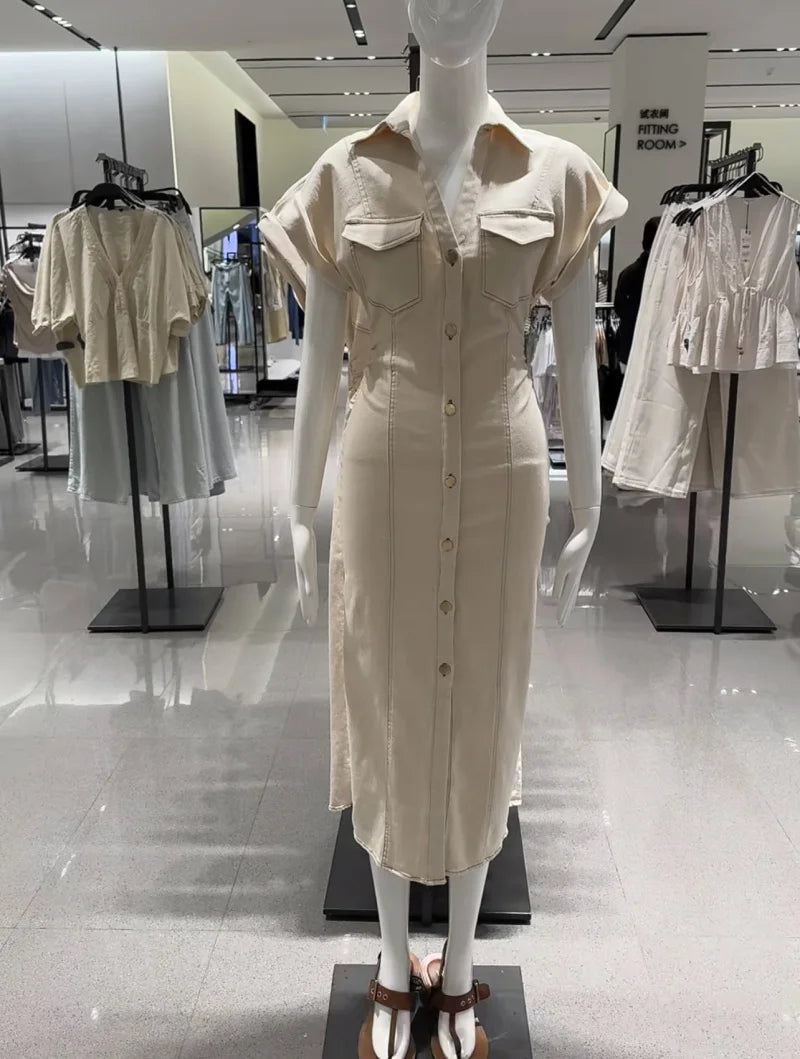 ETJ 2025 Summer Pleated Denim Midi Dress