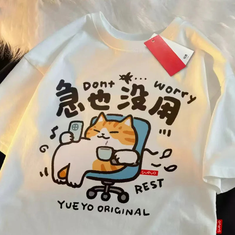 Fun Cartoon Cat Print Women's Summer T-Shirt