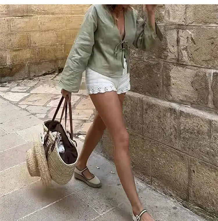 Linen Lace-Up V-Neck Shirt