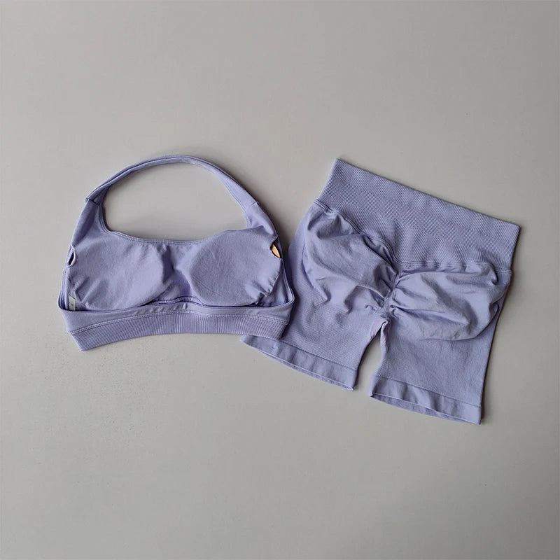 Halter Neck Peach Sports Bra & Shorts Set