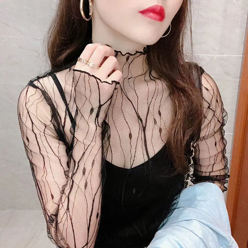 Sexy Sheer Lace Mesh Turtleneck Top