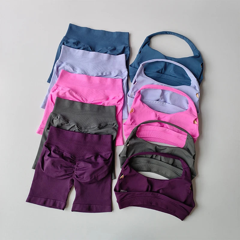 Halter Neck Peach Sports Bra & Shorts Set