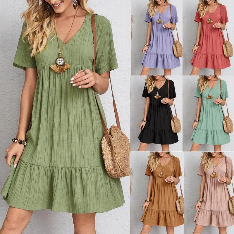 V-Neck Pleated A-Line Beach Dress