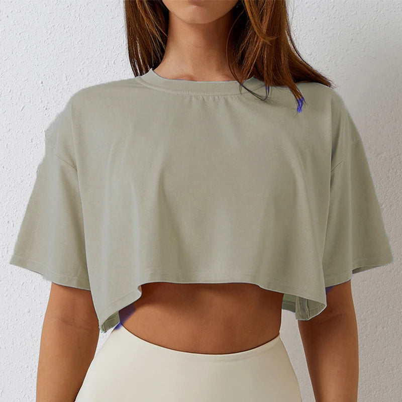 Women's Cotton Yoga Crop Top – Loose Fit Sport T-Shirt