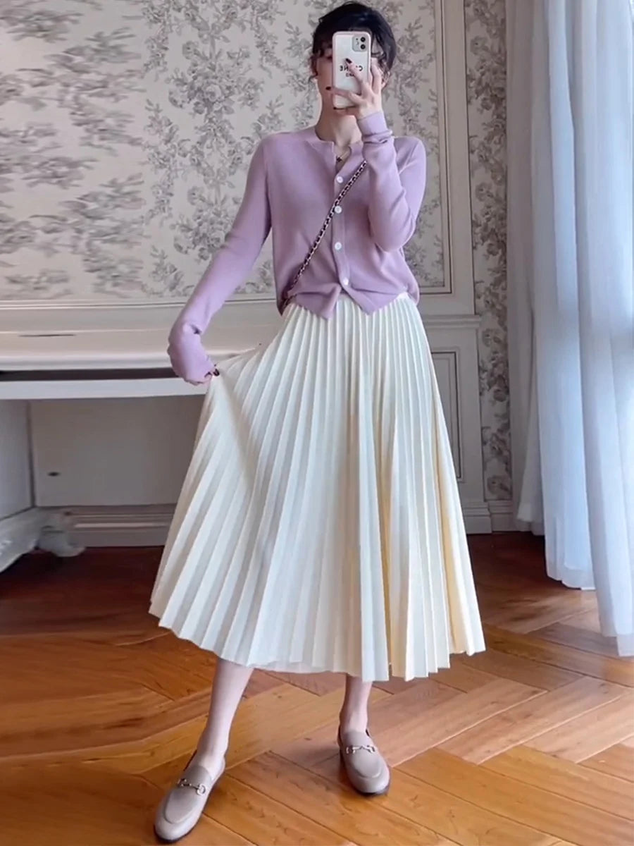Elegant High Waist Pleated Midi Skirt